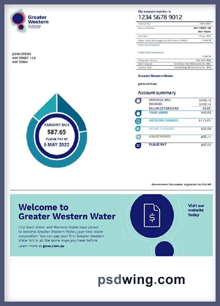 Australia Greater Western Water Utility Bill